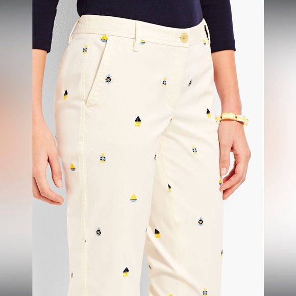 Talbots Nautical Embroidered White Patterned Girlfriend Chinos, Size 6P - Picture 3 of 10